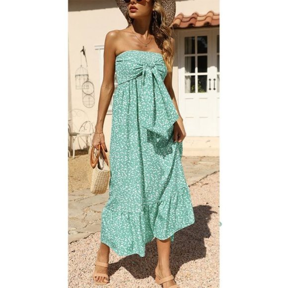 𝅺strapless Off The Shoulder Maxi Dresses Mint Green - Picture 4 of 5